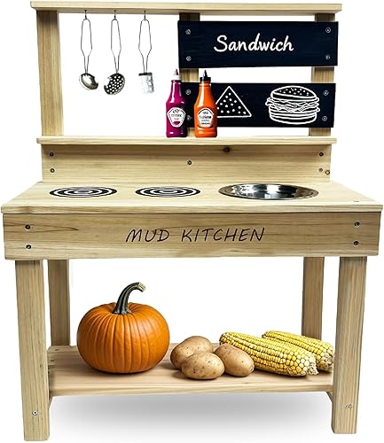 Miniatura 5 de Beipoo Cocina de barro, juego de cocina de juguete de madera, cocina de madera de abeto para niños con fregadero de agua, pizarra y accesorios de