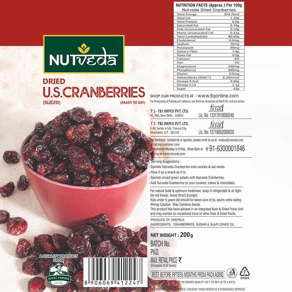 NUTVEDA Dried U.S. Cranberry (Sliced) 200g - Ready To Eat | Improves Eyesight | Rich in Dietary Fiber, Antioxidants, Vitamins & Minerals. - Image 2 thumbnail