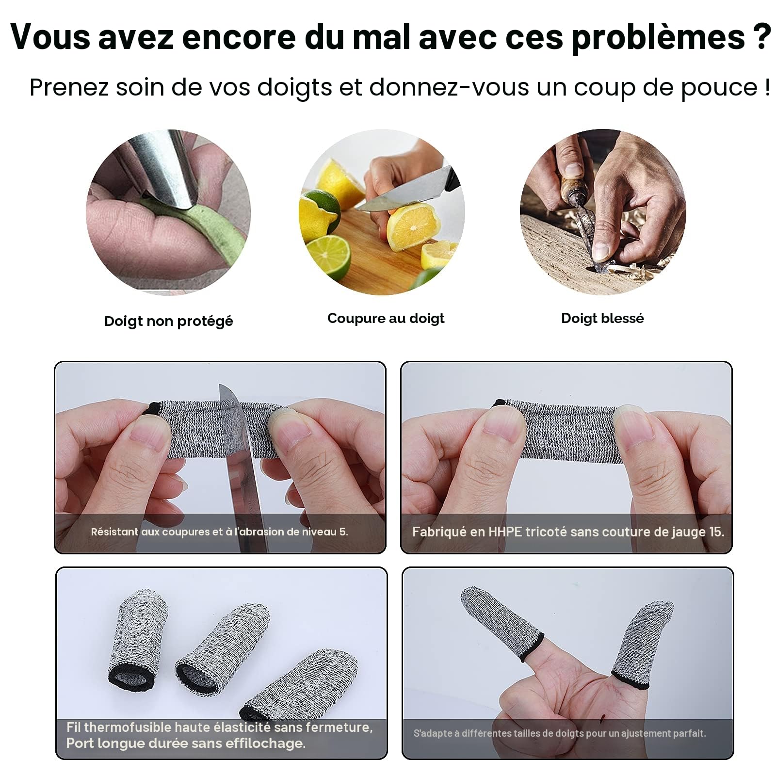 Cobee Protège-doigts résistants aux coupures, 10 pièces réutilisables pour pouce, travail cuisine jardin