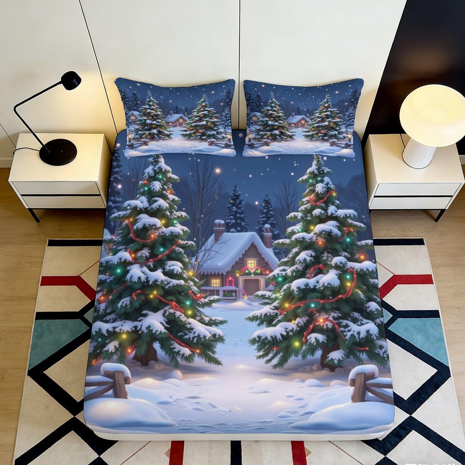 3D Printed Snowy Christmas Cabin Fitted Sheet Microfiber Soft Winter Pine Tree Bed Cover for Bedroom Guest Room Decor 90x200x25cm