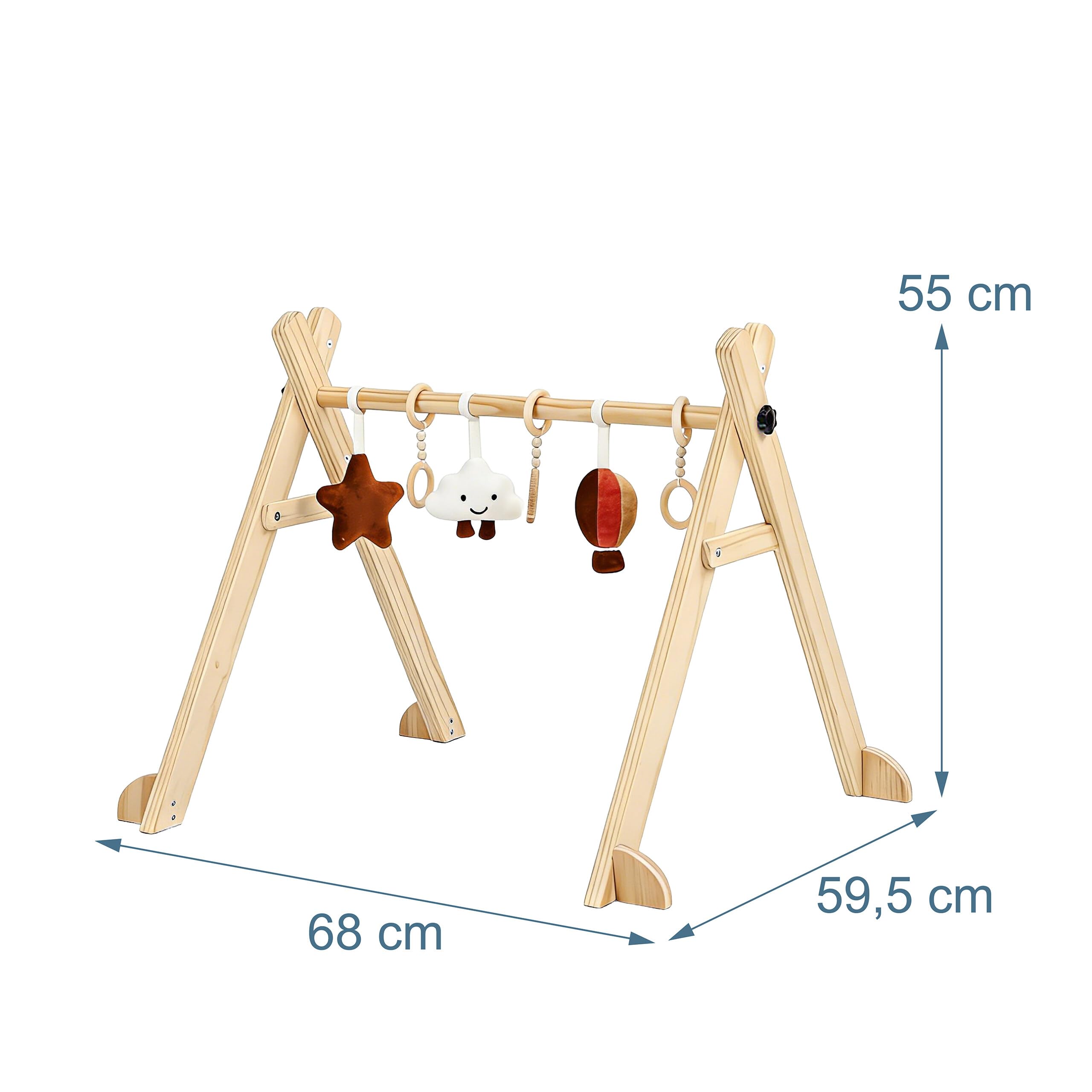 Relaxdays arco gioco in legno, 6 pendenti rimovibili, naturale | HLP 55 x 68 x 59,5 cm, favorisce la motricità, baby gym