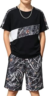 Boys clothes Set 6-14 Years Camo Stitching Short Sleeve T-Shirt and Camo Athletic Shorts 2-Piece Outfit for Boy