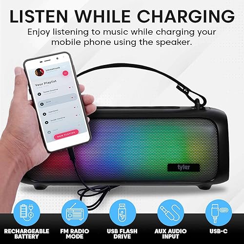 Miniatura 6 de Tyler Altavoz Bluetooth inalámbrico Iluminación RGB de largo alcance recargable Boombox USB MP3 AUX entradas FM Radio sonido y graves correa de