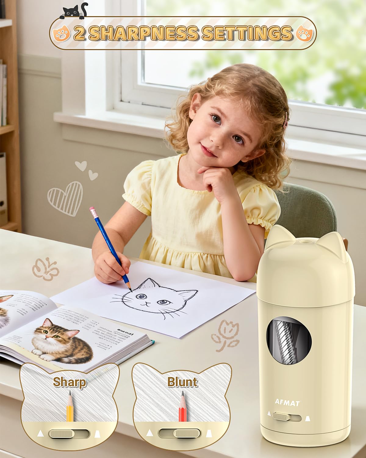 AFMAT Electric Sharpener with Container, Cute Pencil Sharpener with Cat Ears, Fully Automatic & Rechargeable, Auto in Out for 7-8mm Pencils,Gift for Kids Artists Home School Studio Use,Off White PSX9 - Image 4