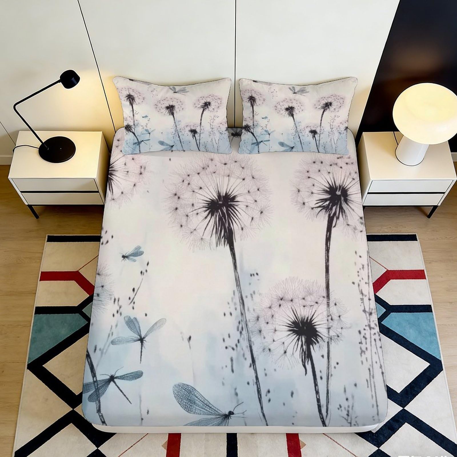 3D Printed Dandelion Art Fitted Sheet Microfiber Soft Breathable Blue Dragonfly Mattress Cover Bedroom Decor 90x200x25cm