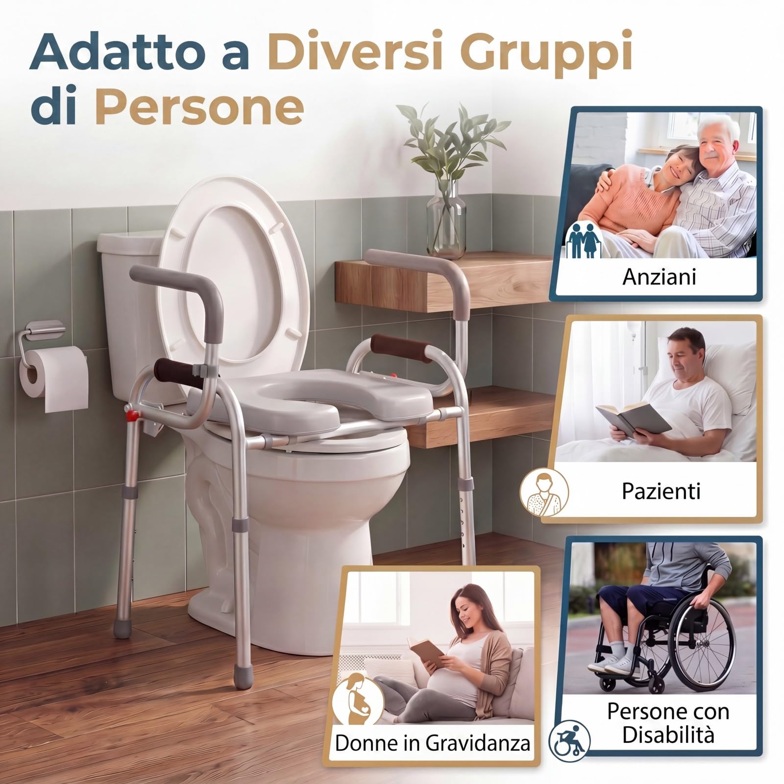 RELAX4LIFE Rialzo WC per Anziani, Lega di Alluminio, Maniglia Antiscivolo, Altezza Regolabile da 49 a 59 cm, Supporto per Doccino, Carico max. 136kg, Sedia WC Disabili