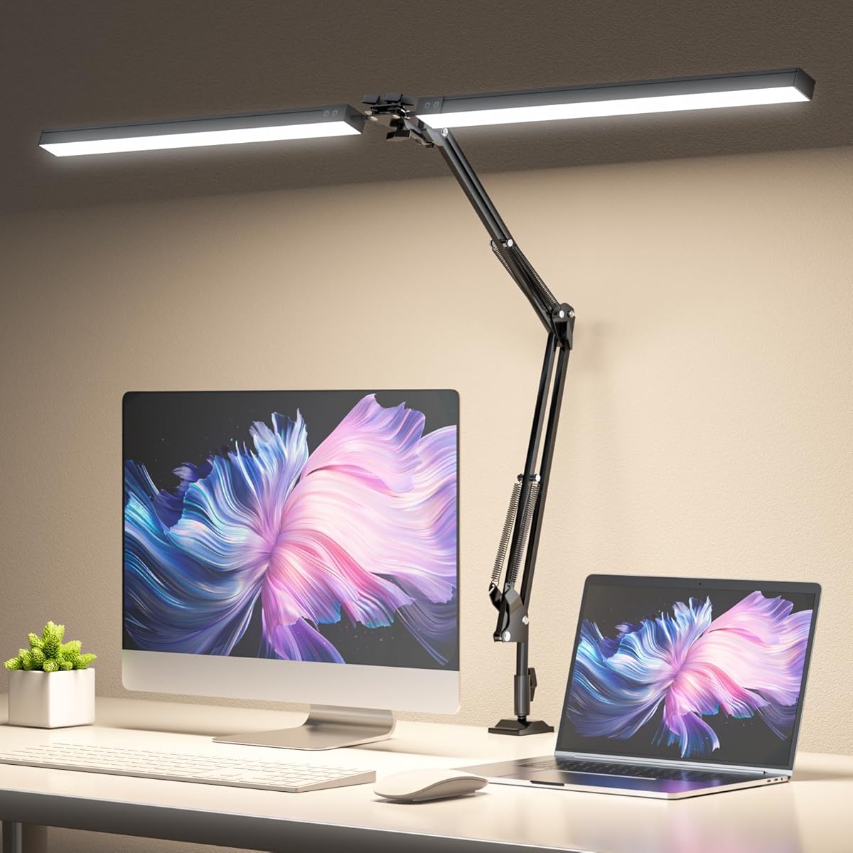 CHICLEW LED Desk Lamp for Home Office, 24W Swing Arm Double-Head Table Lamps, 3 Colors Lighting & Stepless Dimming Architect Reading Desk Light, Adjustable Eye-Caring Clamp Light for Study Work