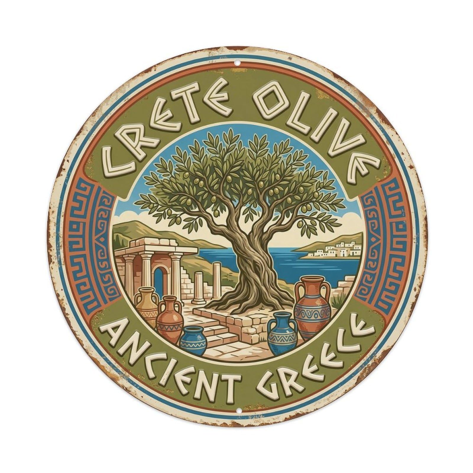 Crete Olive Ancient Greece Island Metal Tin Sign Plaque Wall Decor for Cafe, Club, Garden Round Metal Poster 8x8Inch