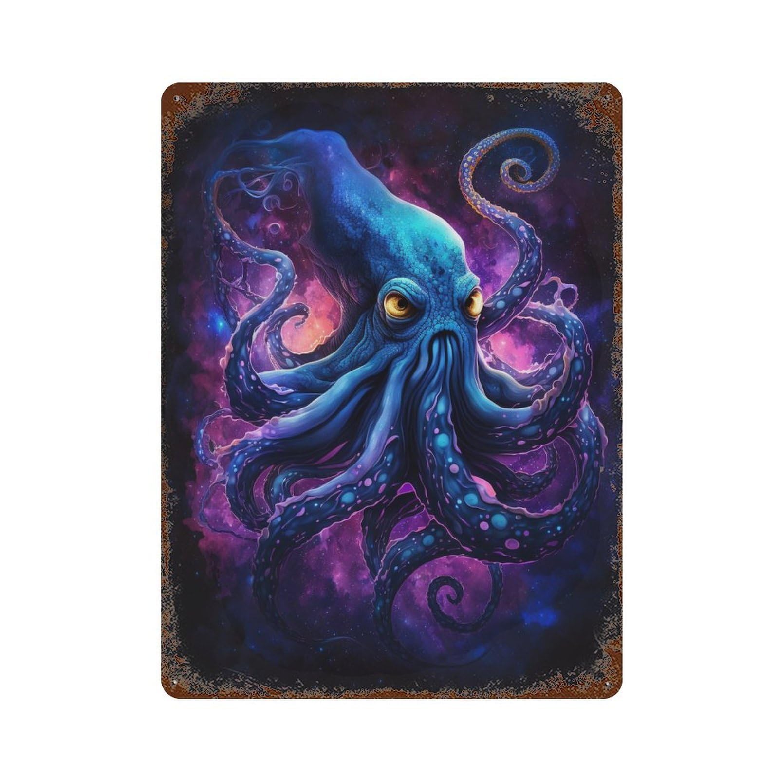 Galactic Octopus Art Print-15 Distressed Metal Wall Sign 15.7"x11.8", Ideal for Pub, Kitchen And Man Cave Decor