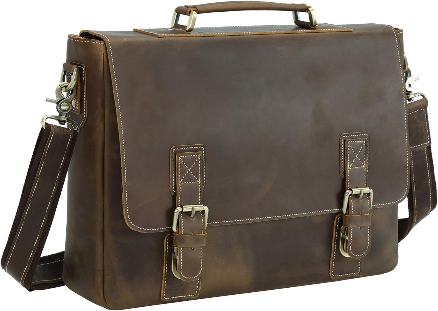 Men's 16 Inch Full Grain Cowhide Leather Laptop Briefcase Messenger Bag Tote with YKK Metal Zippers