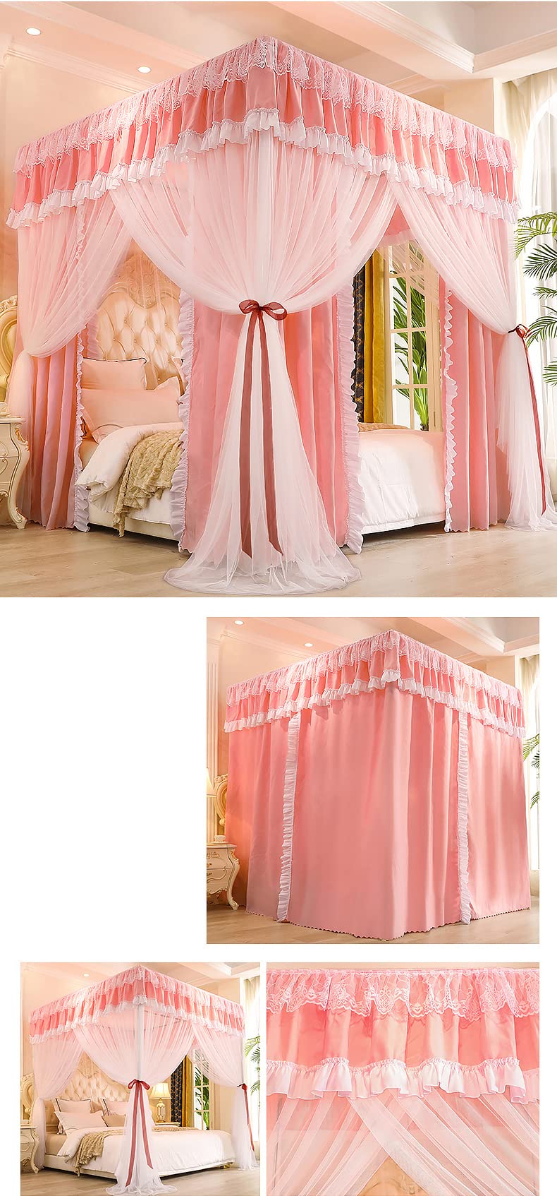 Zasłona na łóżko Cztery narożne słupki z prętami baldachim zasłona na łóżko pojedyncze do king size (rozmiar: 200 x 150 x 210 cm, kolor: różowy)