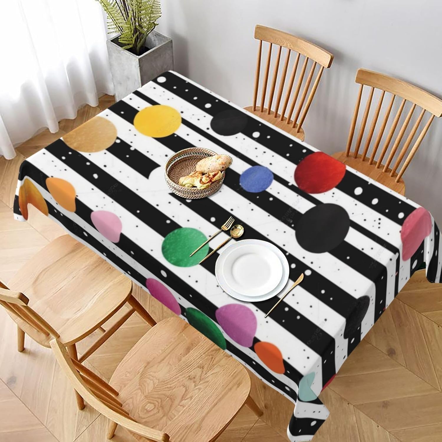 Prostokątny obrus 160 x 240 cm białe i czarne pionowe paski i kolorowe kropki poliester obrus odporny na plamy ochraniacz stołu na 8 miejscach, idealny do kuchni i na imprezy 5444v