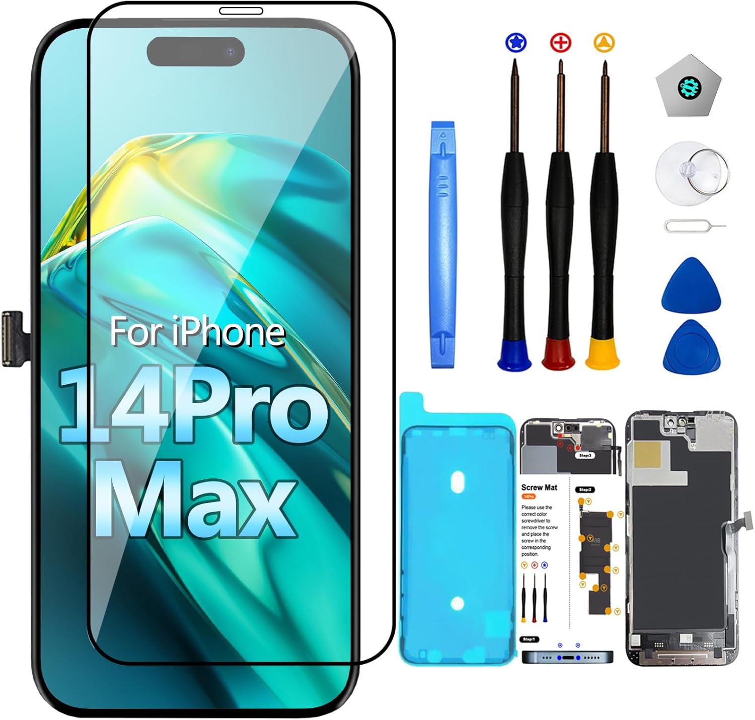 for iPhone 14 Pro Max screen replacement Kit 6.7inch for (Model A2894, A2651, A2893, A2896, A2895)3D Touch Screen LCD Display Digitizer Assembly with Repair Tool Kit+Screen Protector+Waterproof Frame