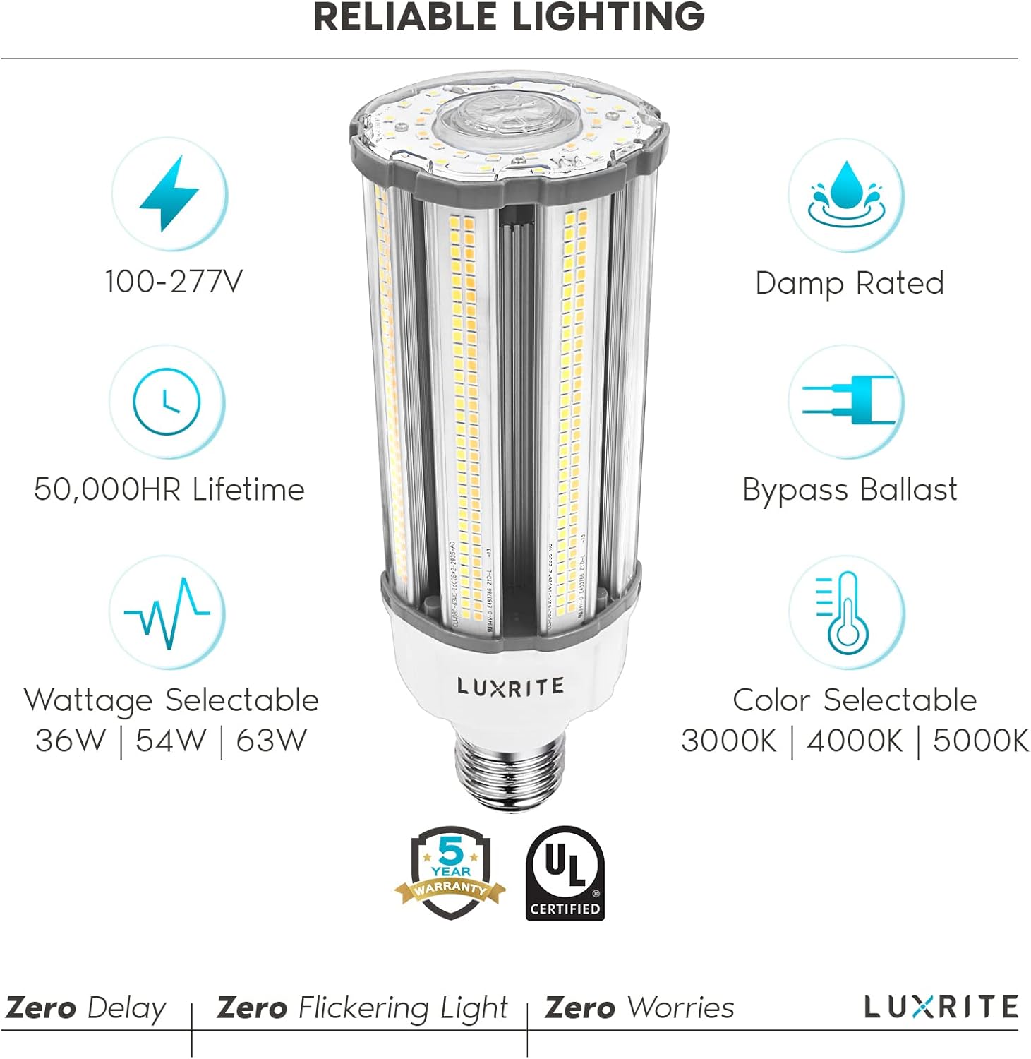 LUXRITE 36W/54W/63W LED Corn Light Bulb, 175W HID Equivalent, 3 CCT 3000K-5000K, Up to 9300 Lumens, Enclosed Fixture Rated, 100-277V, E39 Mogul Base - Large Area Warehouse Indoor Outdoor 2-Pack