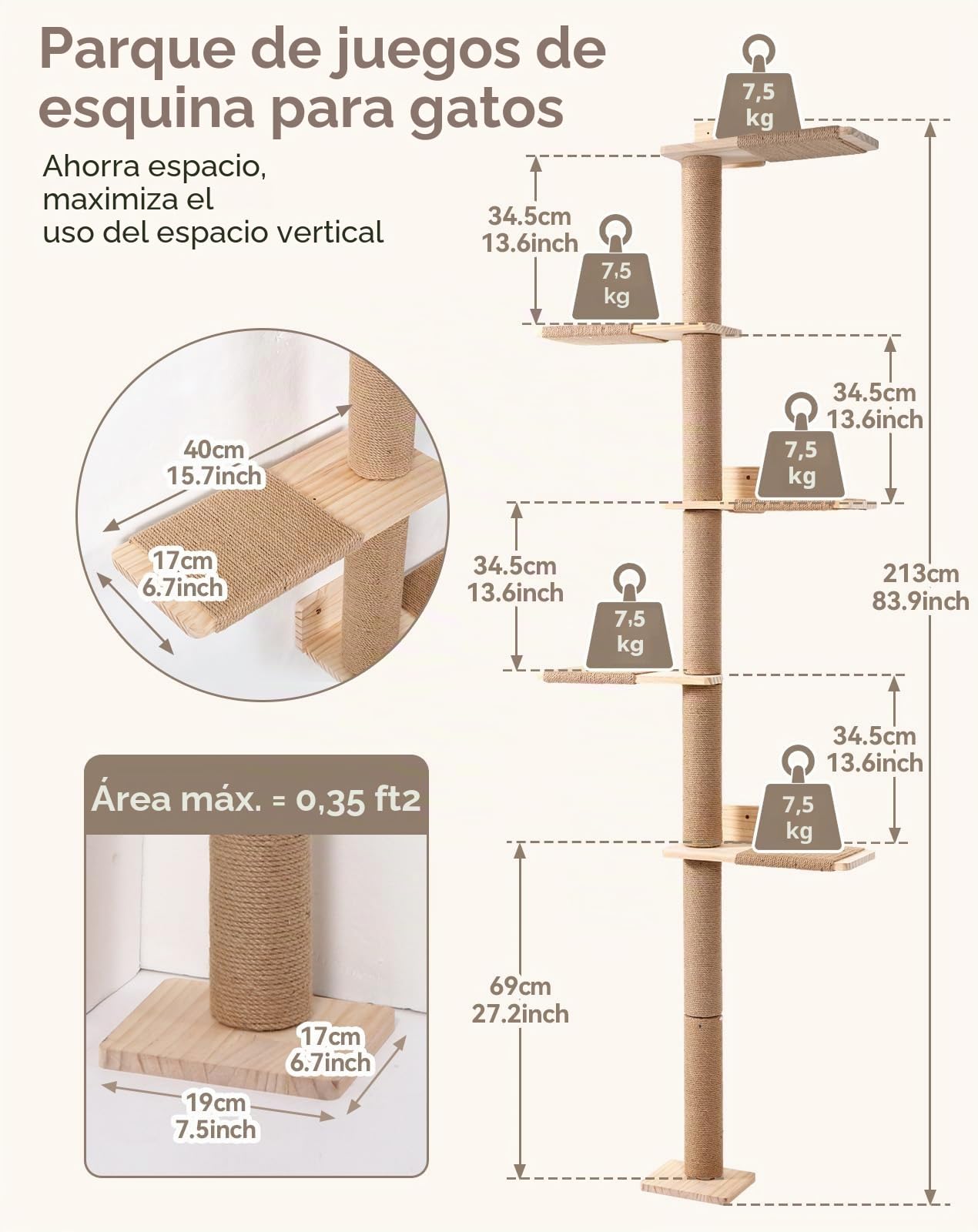 PawGiant Rascador de Pared para Gatos de 5 Niveles (213 cm), Árbol Torre de Escalada de Madera con Postes de Sisal y Plataformas, Mueble Vertical Ahorro de Espacio para Gatos Pequeños y Medianos