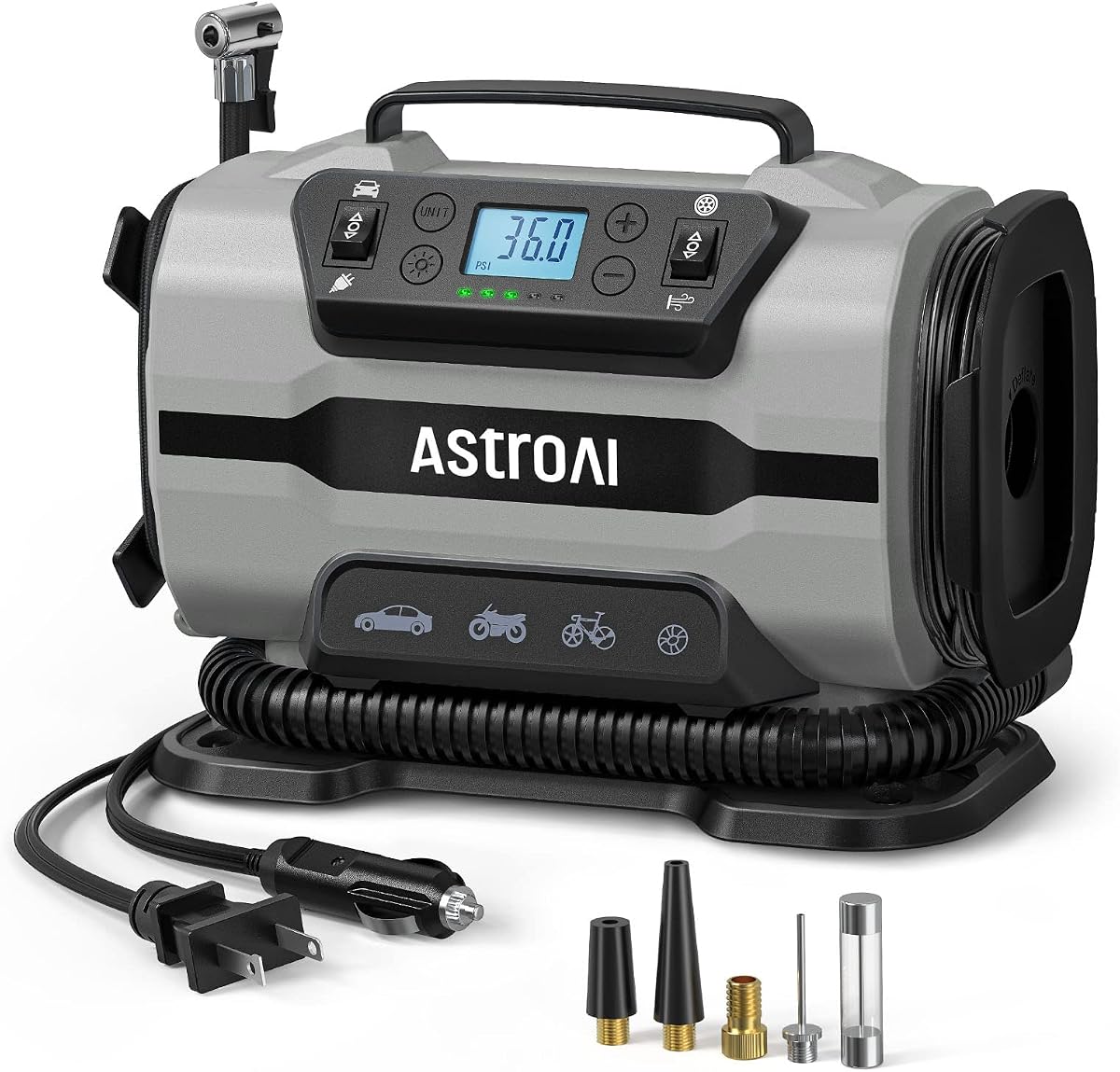 Compresor de aire portátil para inflador de neumáticos, potencia dual de 12 V CC/120 V CA | Bomba de aire de inflado rápido con motores metálicos duales, medidor digital de 150 PSI para neumáticos de automóviles, SUV, bicicletas y colchones de aire, gris