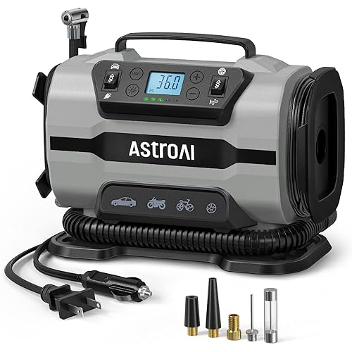 AstroAI Tire Inflator Portable Air Compressor Pump 150PSI 12V DC/110V AC with Dual Metal Motors&LED Light, Automotive Car Accessories&Two Modes for Car, Bicycle Tires and Air Mattresses, Gray