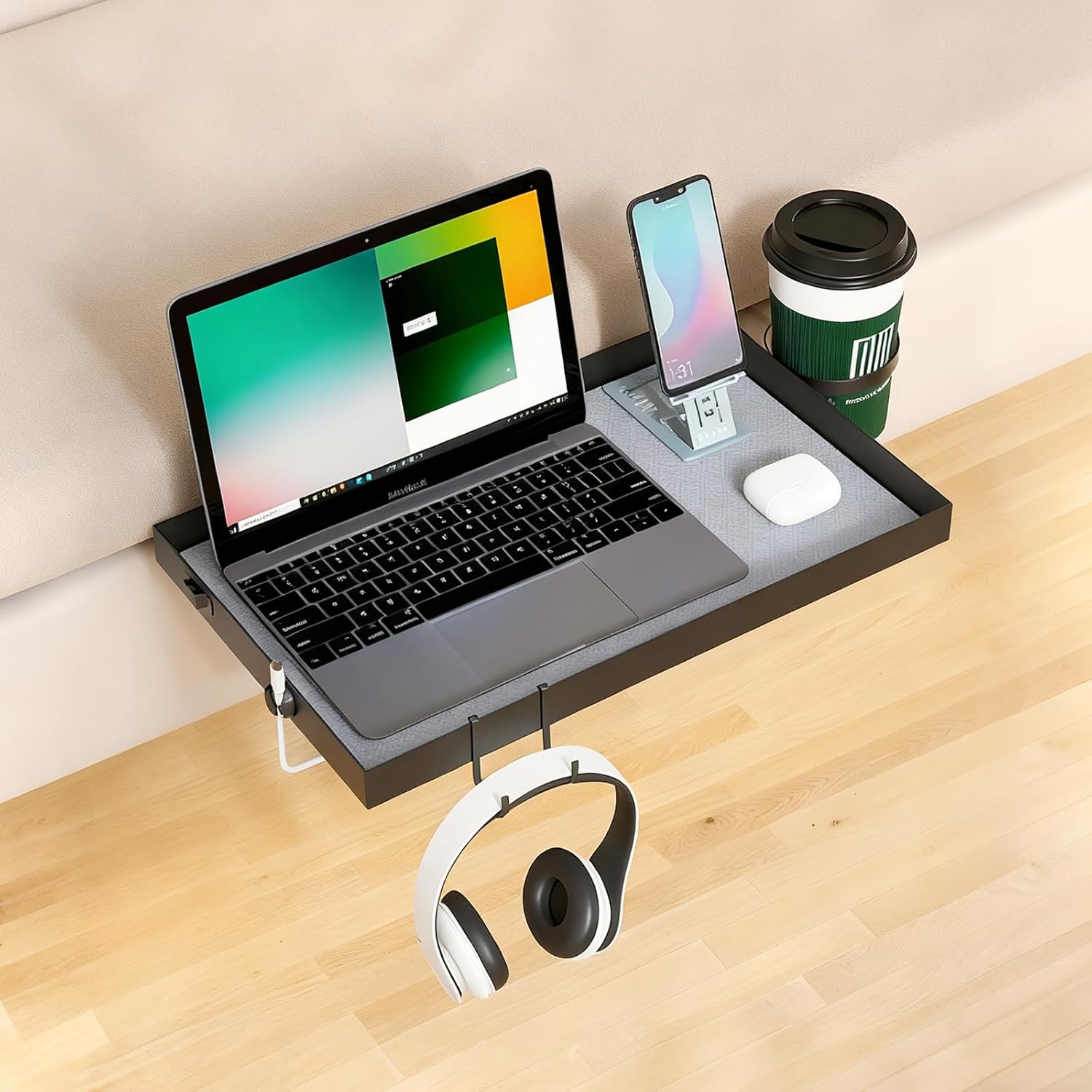 Bunk Bed Shelf Clip On Bedside Caddy Tray - Heavy Duty Metal Table with Cup Holder for College Dorm Loft Top Bunk Organizer - Space Saving Nightstand for Small Rooms