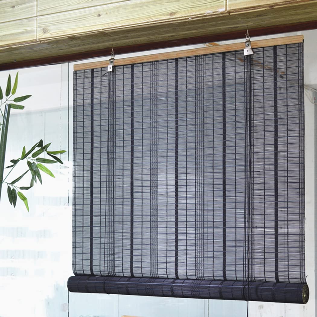 Zwarte Bamboe Rolgordijn Natuurlijk Bamboe Gordijn Verduisterend Ademend Jaloezieën Zon Bescherming Decoratieve vouwgordijnen, Zijwaartse Trekkracht, voor Slaapkamer Keuken Kantoor (70×130cm