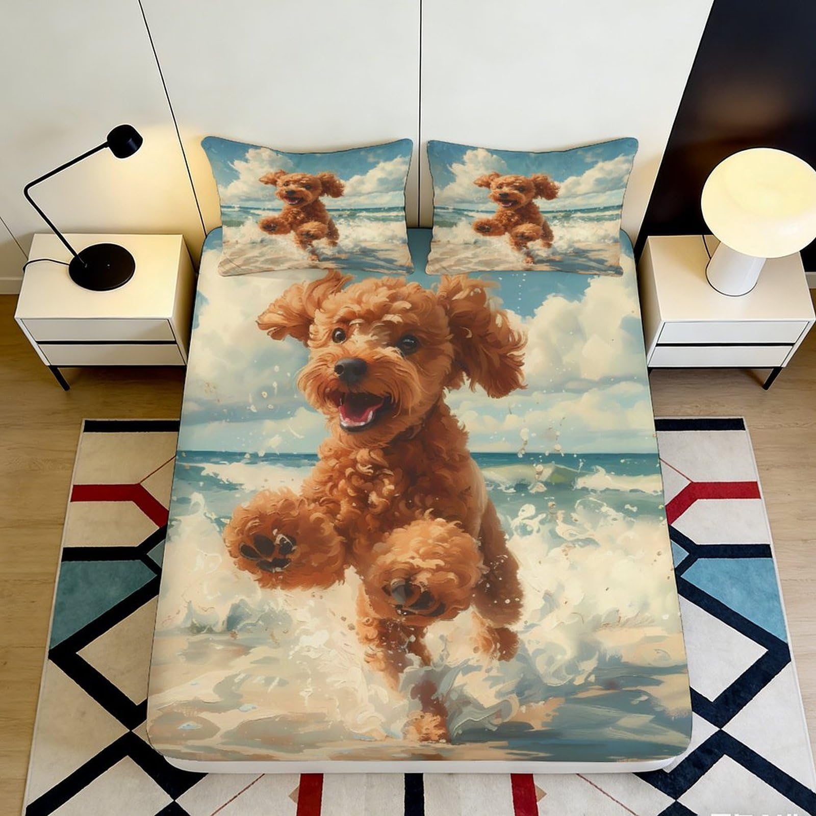 3D Printed Happy Puppy Fitted Sheet Microfiber Soft Breathable Beach Dog Mattress Cover for Bedroom Dormitory Guest Room Protection Decoration 140x200x25cm