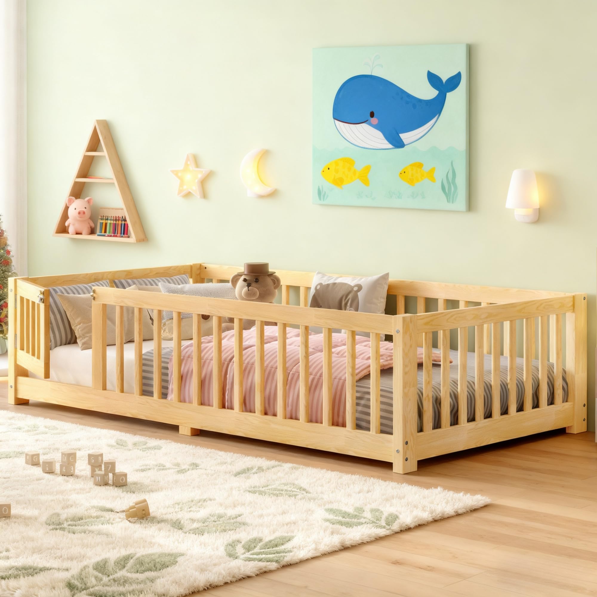 Twin Size Floor Bed with Door and Support Slats, Wood Kids Floor Bed with Full-length Guardrails, Montessori Floor Bed Frame for Kids, Boys, Girls, Childlike and No Box Spring Needed Design, Nature