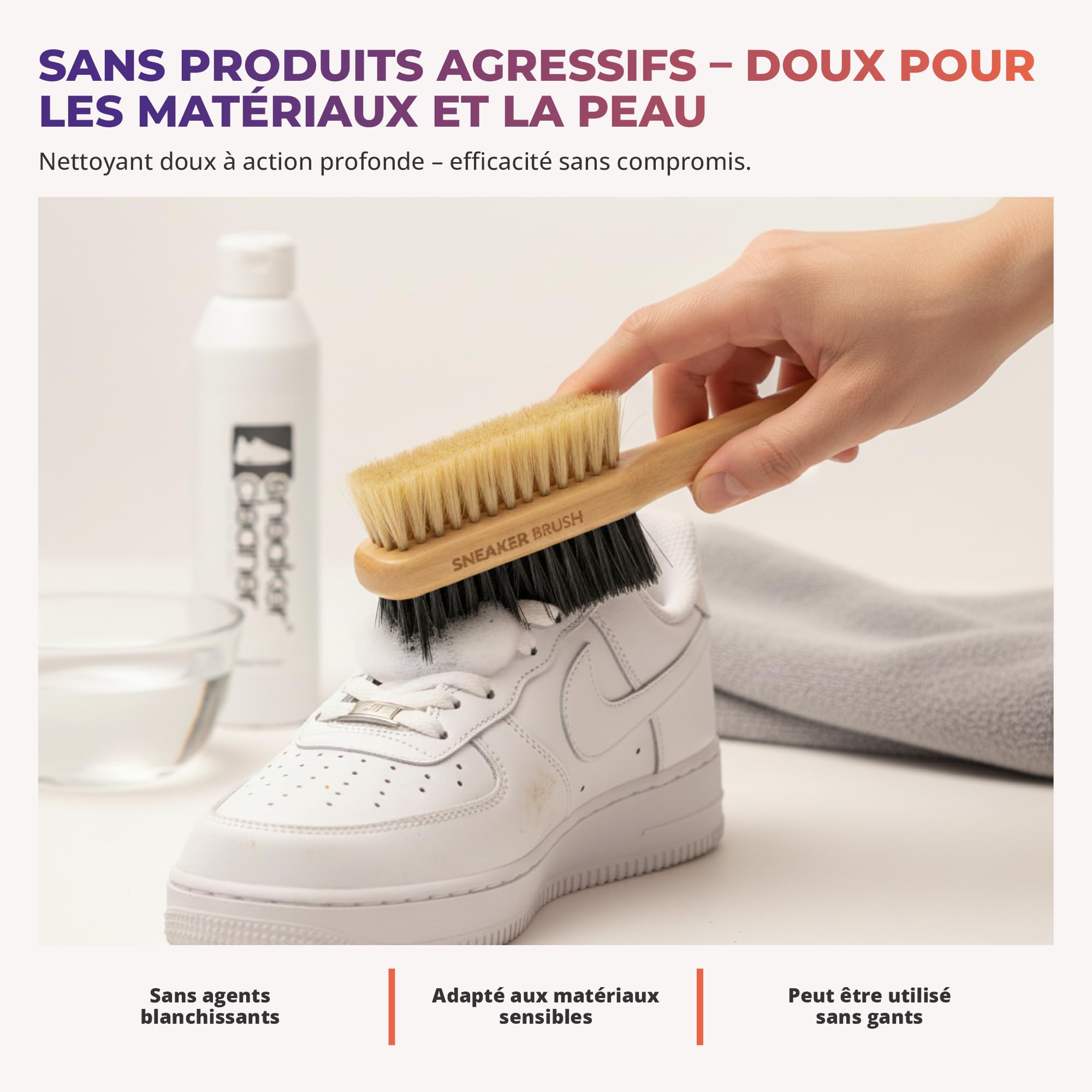 Kit Premium Nettoyage Sneakers 3 pièces | Avec brosse en bois et chiffon microfibre. Pour baskets, daim, nubuck et mesh. Nettoyage efficace et soin tout en douceur.
