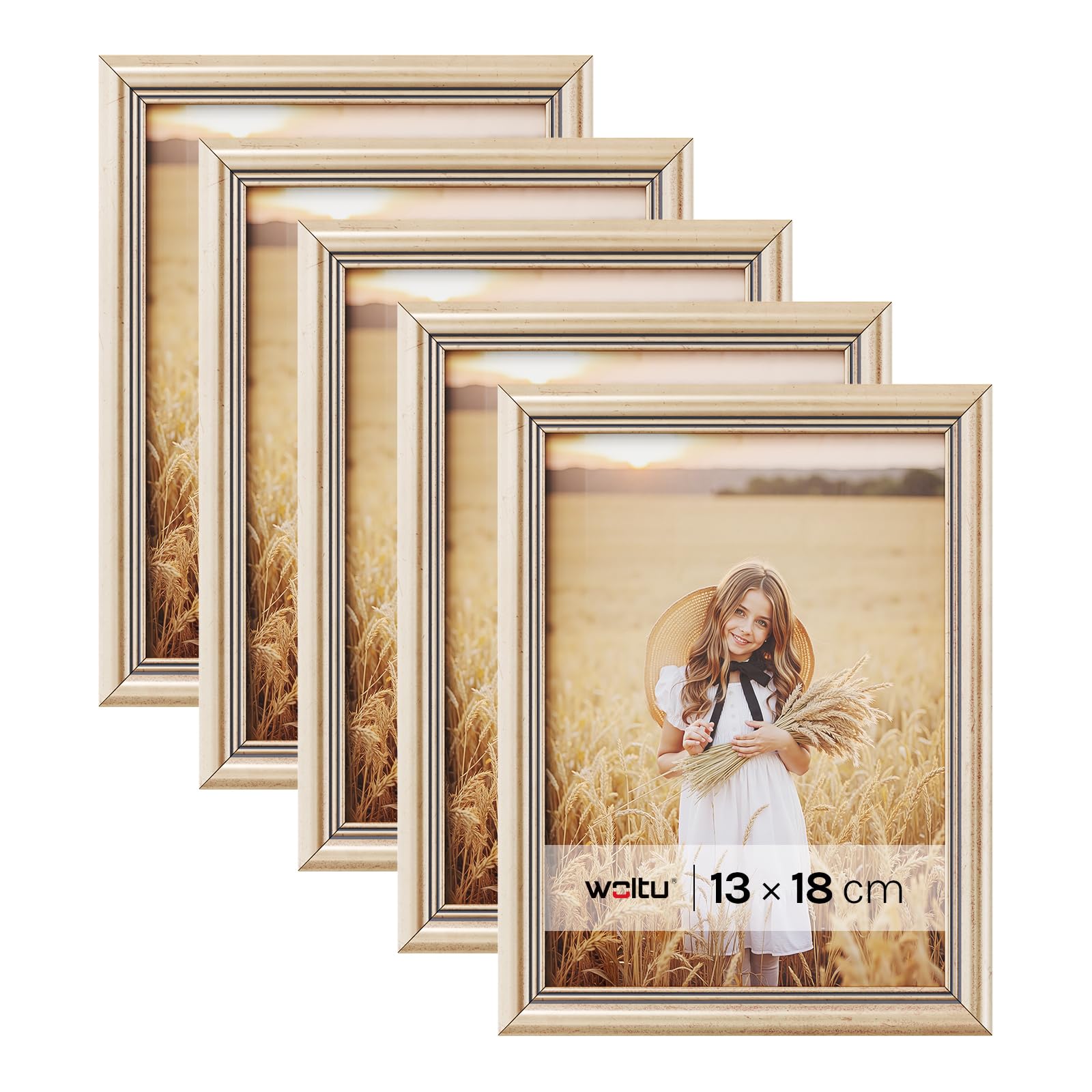 WOLTU Lot de 5 Cadre Photo 13x18cm Cadre en Bois Massif avec Passe Partout, Suspendre Horizontalement ou Verticalement, Décorati