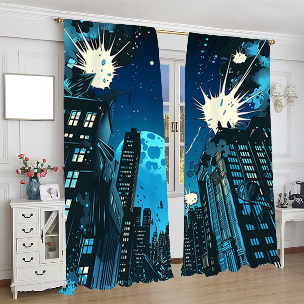 Denruny Watercolor Cartoon Animation Blackout Curtains Rustic Anime City Street Cityscape Curtains for Living Room, Bedroom, Or Dining Room 2 Panels 54" L x 21" W
