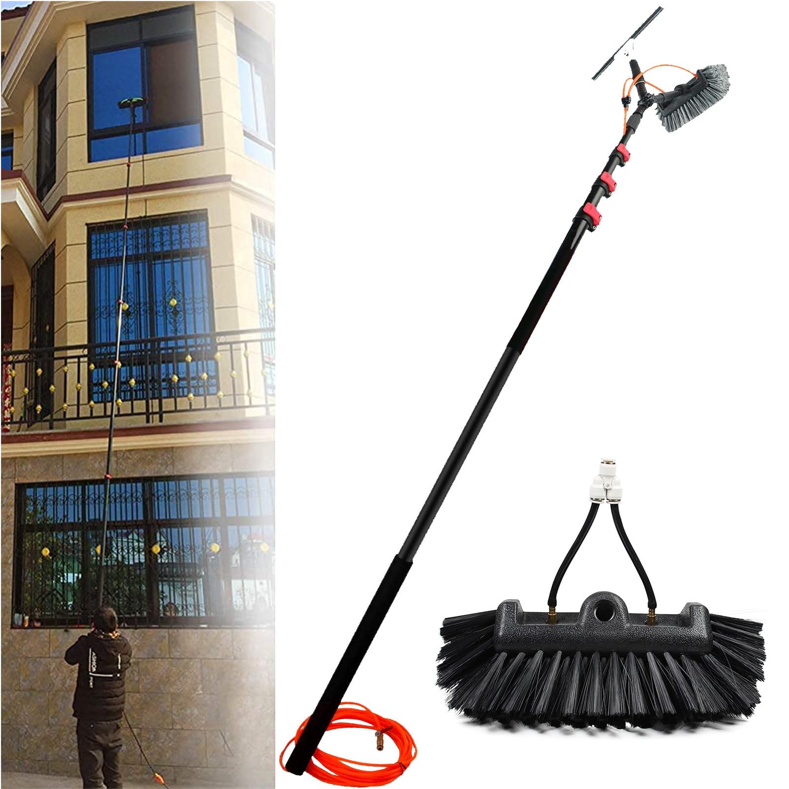 ASerZenith Professional 18Ft36Ft Window Cleaning Kit With Brush For Photovoltaic And Solar Panels Complete Window Cleaner Set For High Windows 3.6M/12Ft Extensible Pole Included,Size-10.8M/36Ft