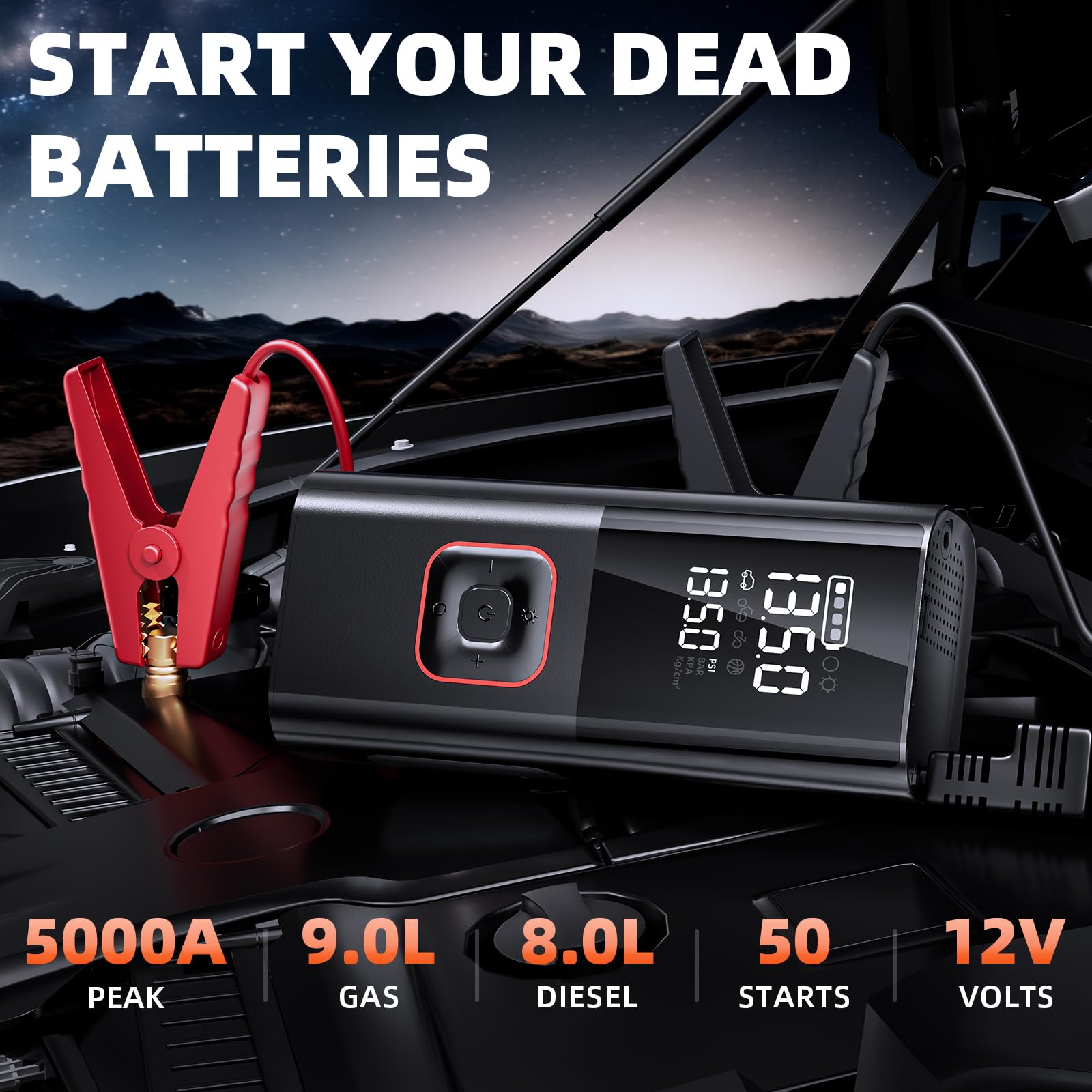 Jump Starter with Air Compressor, 5000A Battery Jumper Starter Portable (9L Gas/8L Diesel) with 160PSI Auto-Shutoff Tire Inflator, 12V Jump Box Car Battery Jump Starter with Jumper Cables, LED Light