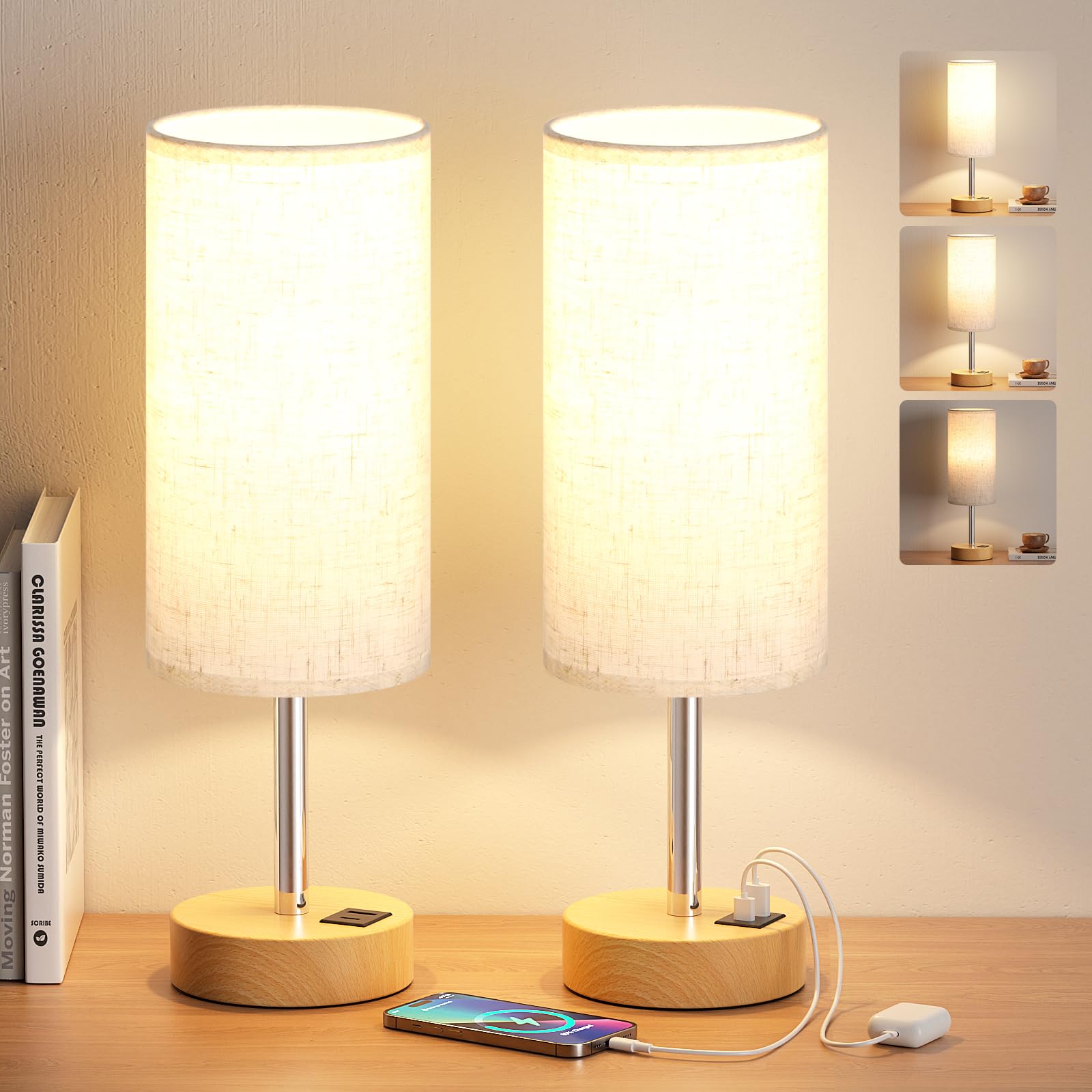 Aooshine Bedside Lamps Set of 2, 3-Way Dimmable Touch Table Lamps for Bedroom and Living Room with Linen Fabric Shade(Bulb Included) — image 1