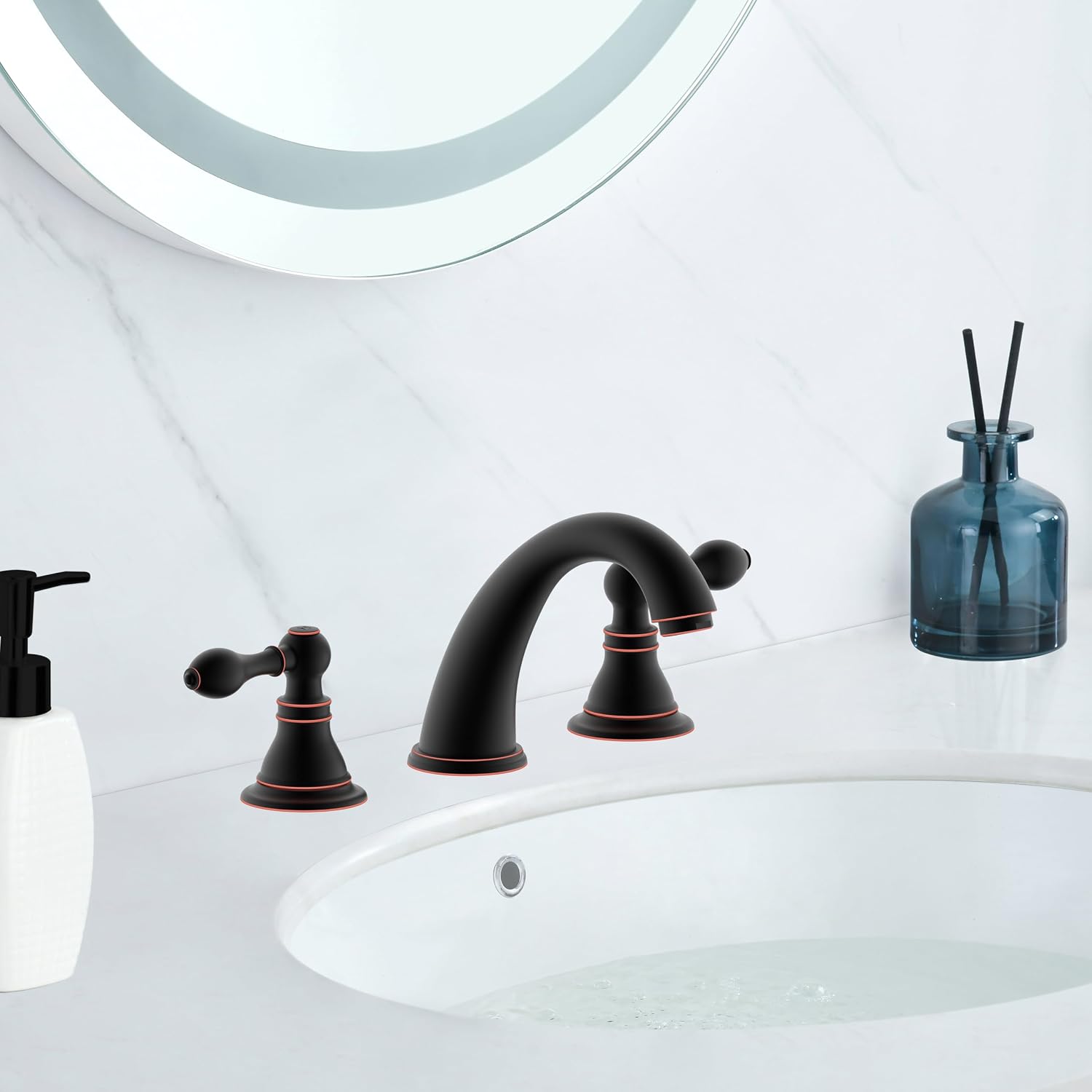 Oil Rubbed Bronze Two Handle Bathroom Sink Faucet 8 Inch Widespread Faucet with Pop up Drain Assembly, 3 Hole Lavatory Faucet,F-9305TB-ORB