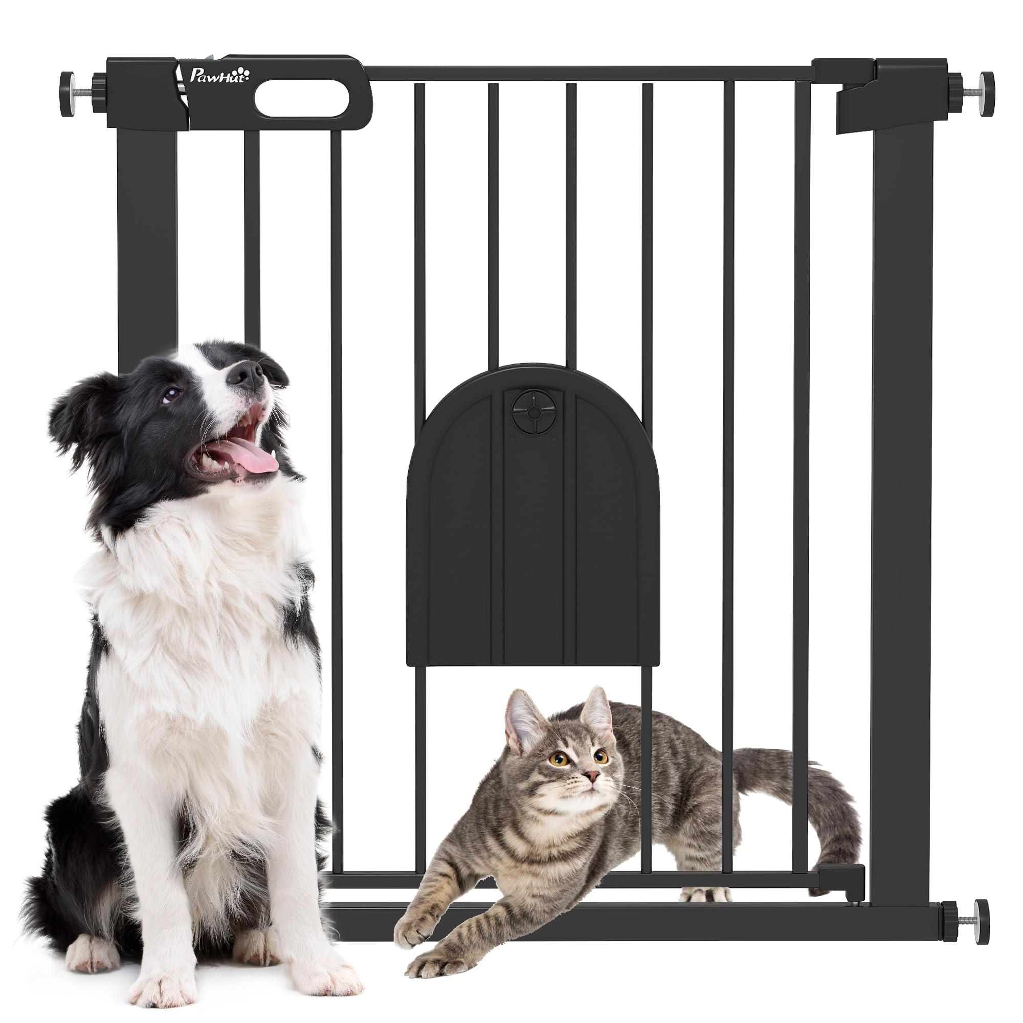 PawHut Barrière de sécurité Animaux de 76H cm barrière Chien Chat avec Porte Fermeture Automatique système de Double Verrouillage Fixation par Pression de 75 à 82 cm Acier et ABS Noir