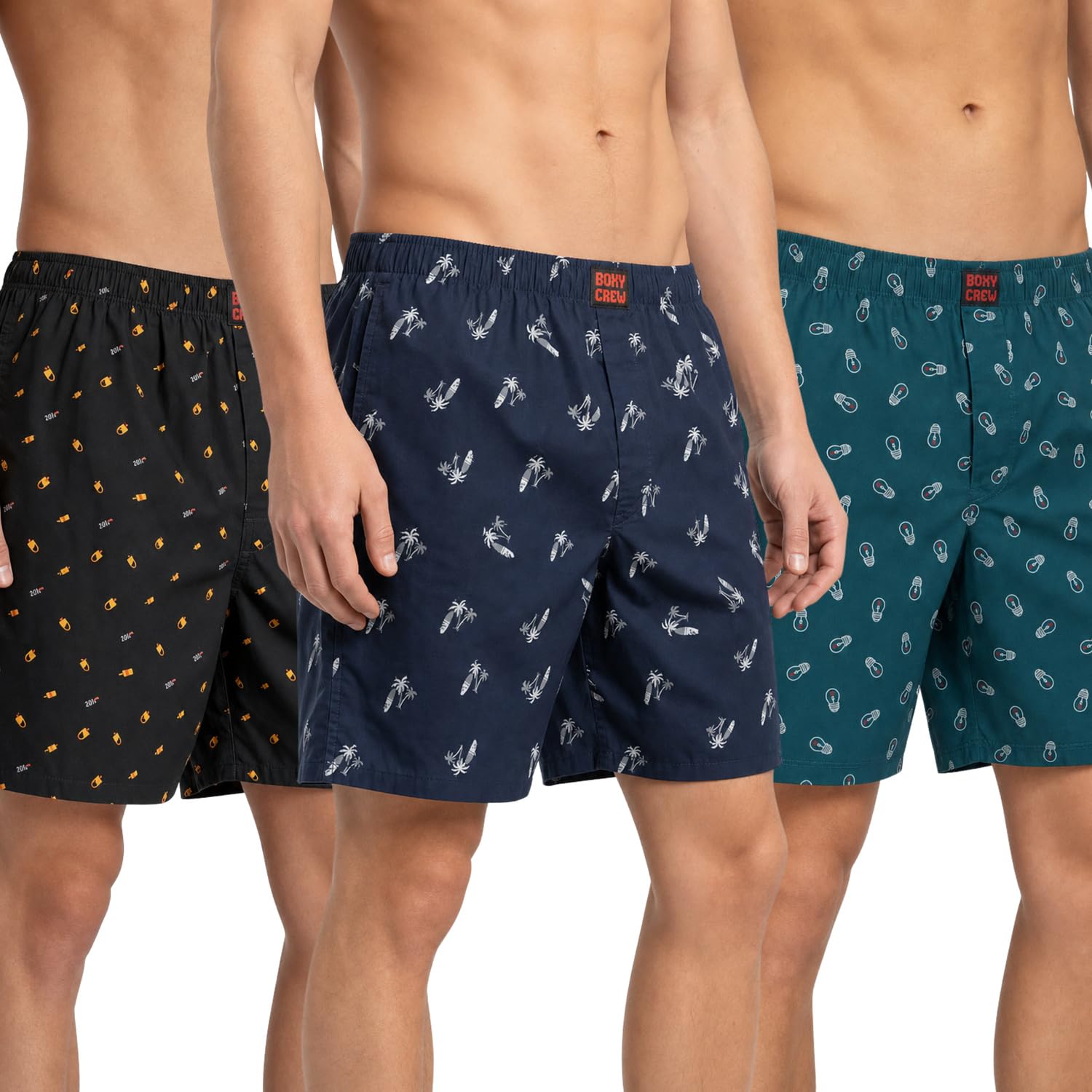 Men's 100% Cotton Printed Boxer Shorts Pack of 3 with Dual Side Pockets and Fabric-Covered Waistband - Black/Navy Blue/Teal, Styles MBX016, MBX025, MBX027-image-40