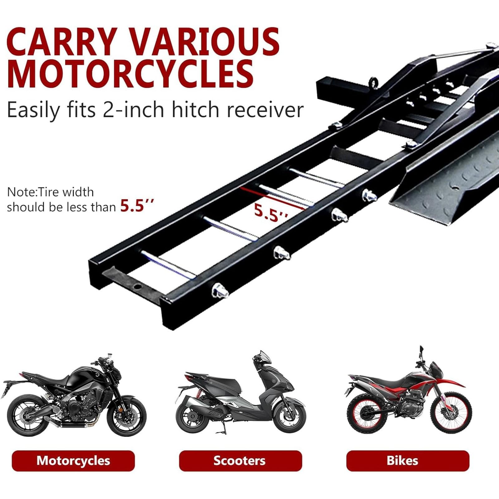 Portamotos de Enganche con Rampa de Carga, Capacidad de 272 Kg - Transportador de Motos de Cross y Scooters para SUV y Camionetas - Incluye Receptor de 5 Cm