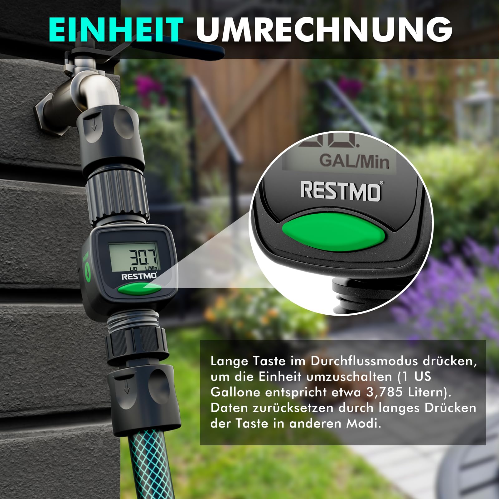 Restmo [2er Set] Wasserzähler, Wasseruhr mit hohe Messgenauigkeit, Messung des Gallonen-/Literverbrauchs und der Durchflussmenge für Gartenbewässerung, Rasensprenger und Gartenbrause