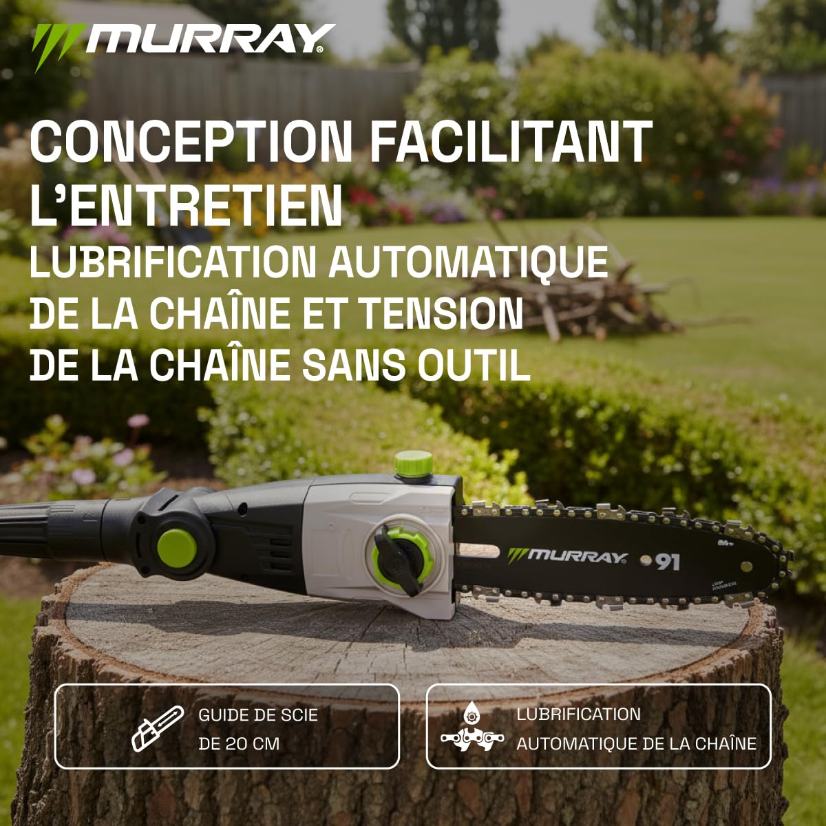 Murray Taille-Haie & Tronçonneuse Télescopique 2-en-1 sans Fil MU-Bat-MM-CSHT-KIT – 20V, 3Ah, Lame de Coupe 40 cm, Guide de Scie 20 cm, Système SDS, Inclinable, Portée 330 cm