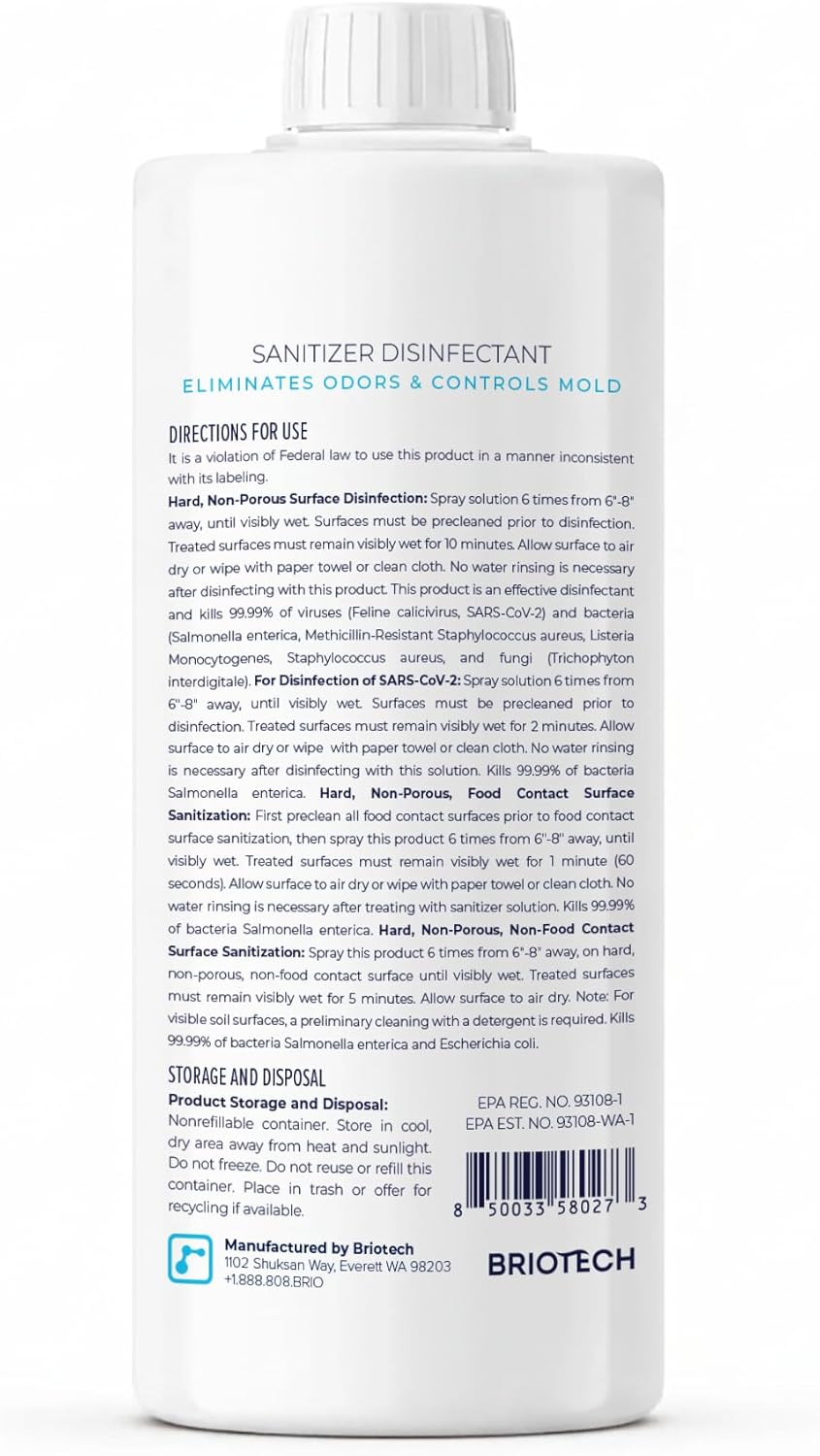 BRIOTECH Sanitizer Disinfectant Hypochlorous Spray, Kill 99.99% of Viruses & Bacteria, Control Mold, Eliminate Odor, Gentle for Nursery & Play Rooms, Food Contact Surface Sanitizer, 32 fl oz Refill