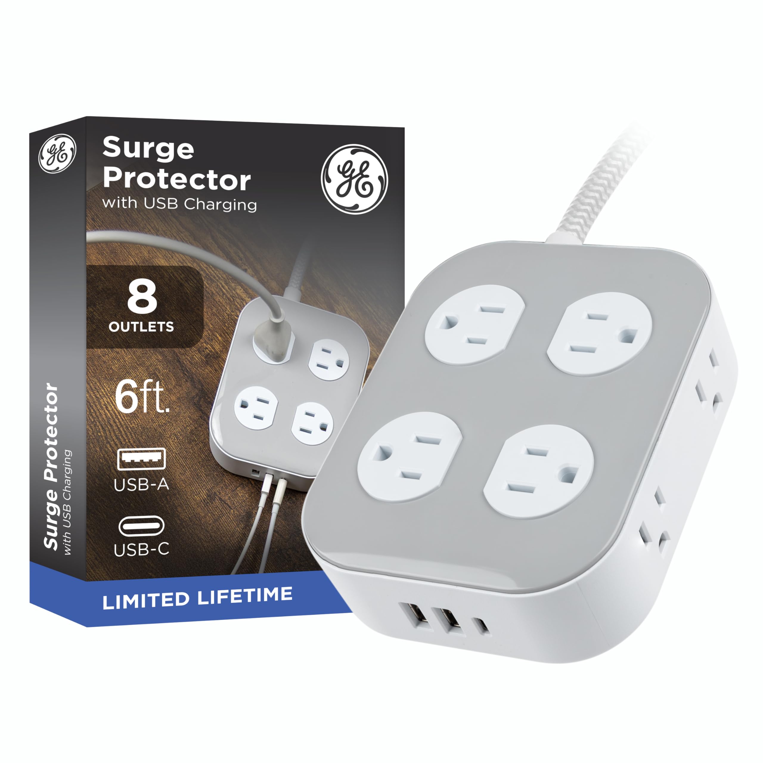 GE Surge Protector Power Strip with USB Ports, 6 Ft Braided Extension Cord, 1500 Joules, 8 Outlet Extender (Wide Spaced), 2 USB-A, 1 USB-C, Flat Plug, ETL Safety Certified, White