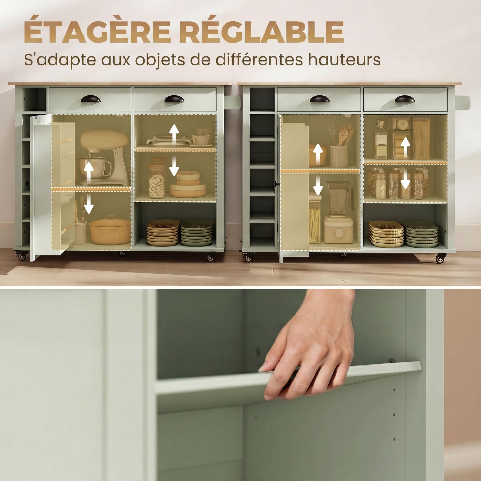 HOMCOM Îlot Central Cuisine avec Plateau Pliant, Desserte de Cuisine sur roulettes avec Placard, 2 Tiroirs, Porte-Serviettes, Étagère Réglable, Compartimentss Ouverts, 117,5 x 70 x 91 cm, Vert Clair