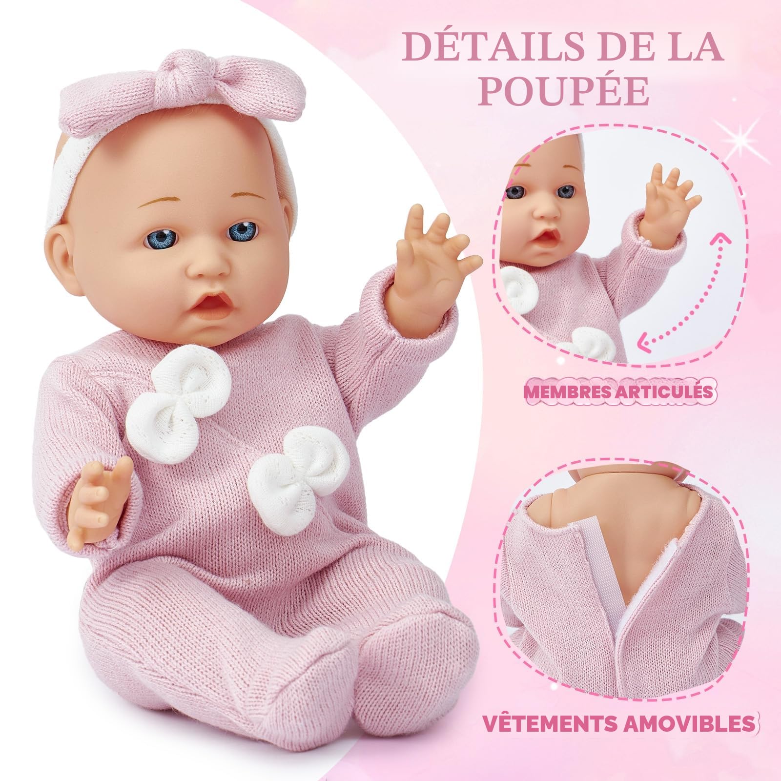 vamei Accessoire Poupon pour Poupon Bébé, Lit Portable pour Poupée avec Vêtements de Poupée & Couches pour Poupee Bébé & Sac à Langer & Biberon & Tétine, Cadeau pour Fille 2 3 4 5 an