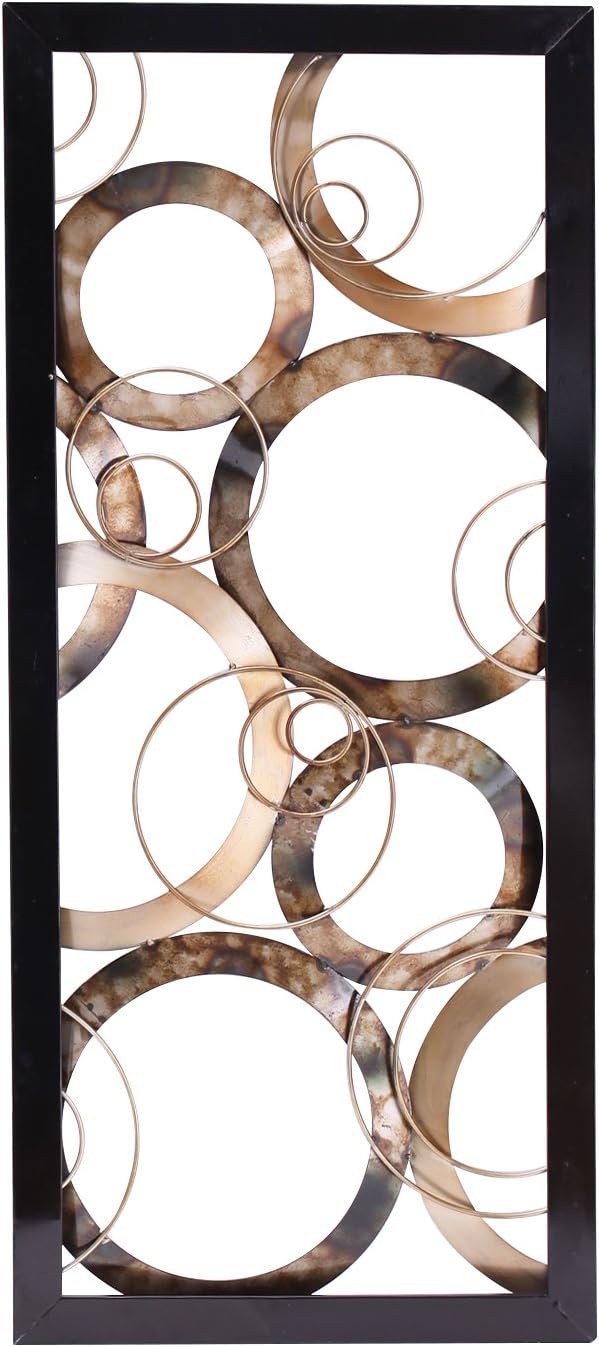 Asense Metal Circles Wall Decor with Frame, 14x32 Modern Art Iron Home Hanging Sculpture Decor for Indoor Outdoor Hallway Bedroom Living Room Office Garden