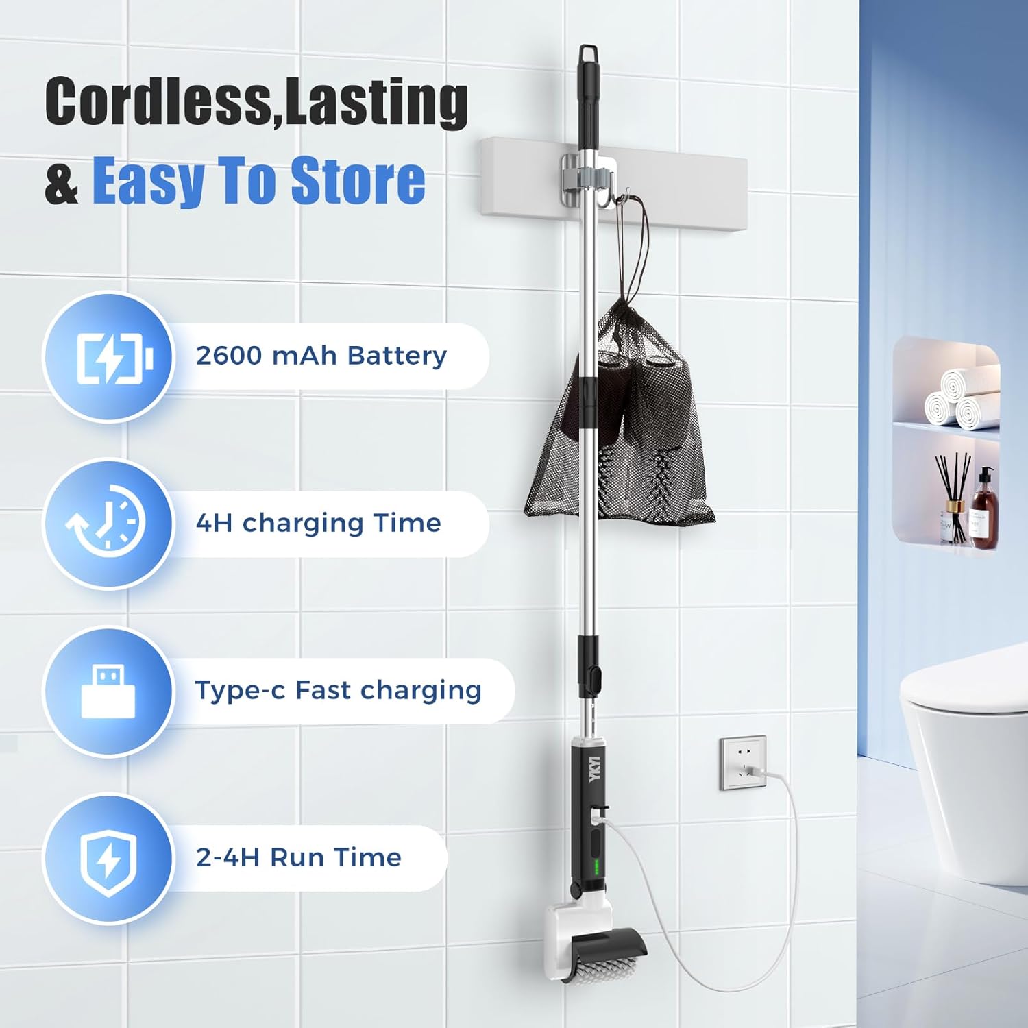 YKYI Electric Spin Scrubber-New Roller Type, Shower Scrubber with Long Handle, Electric Cleaning Brush with 4 Replaceable Brush Heads & Adjustable Power Scrubber for Shower, Bathtub,Tile, Floor(White) - Image 7