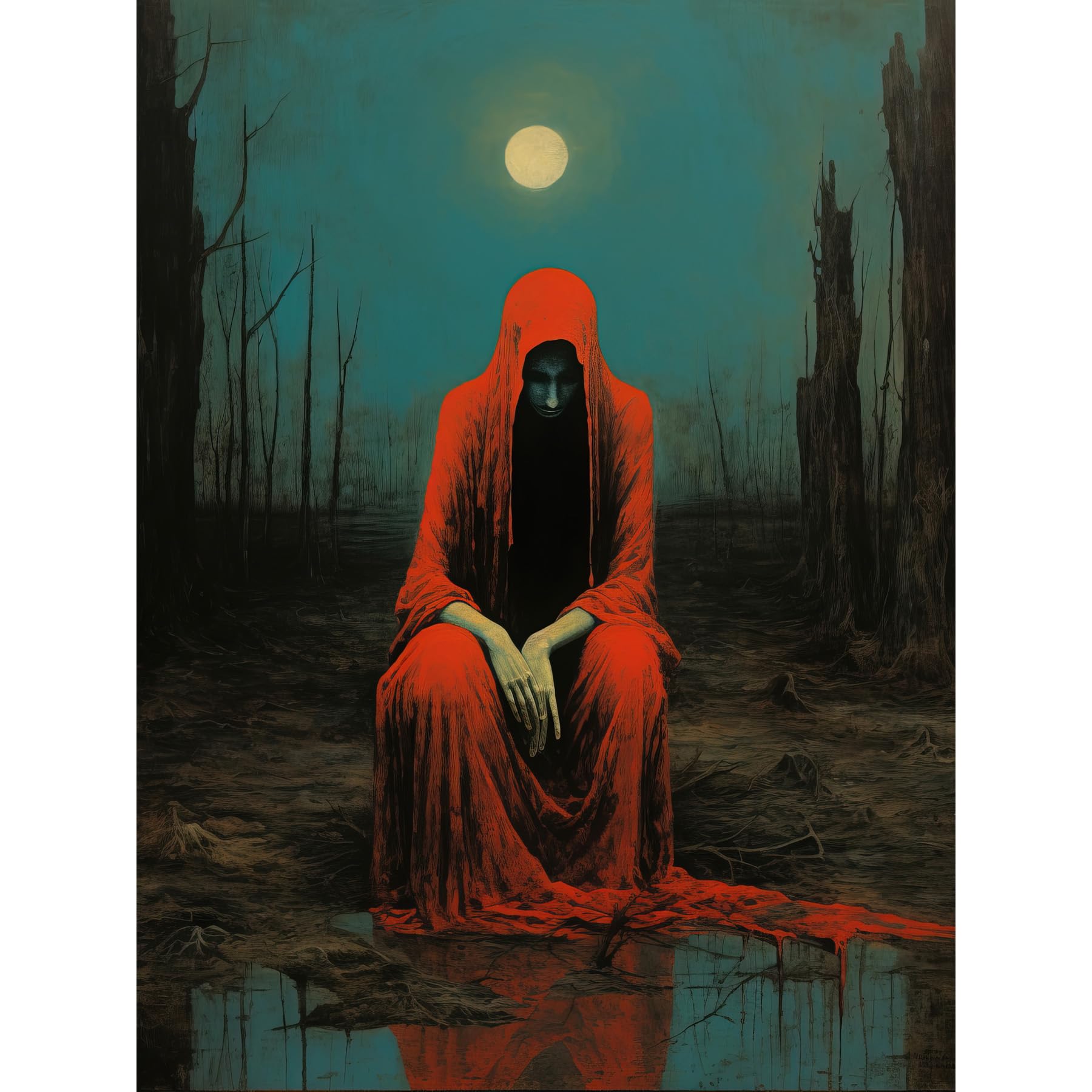 Artery8 Beksinski Inspired Conceptual Artwork Print - Charon in Red Cloak - Dark Blue - W18" x H24"