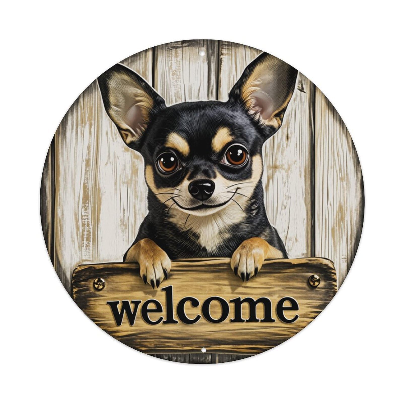 Chihuahua Dog Welcome Sign Wood Round Tin Sign Retro Metal Sign for Cafe Bar Pub Home Game Room Gym Club Wall Decoration Vintage Metal Poster 8x8 Inch