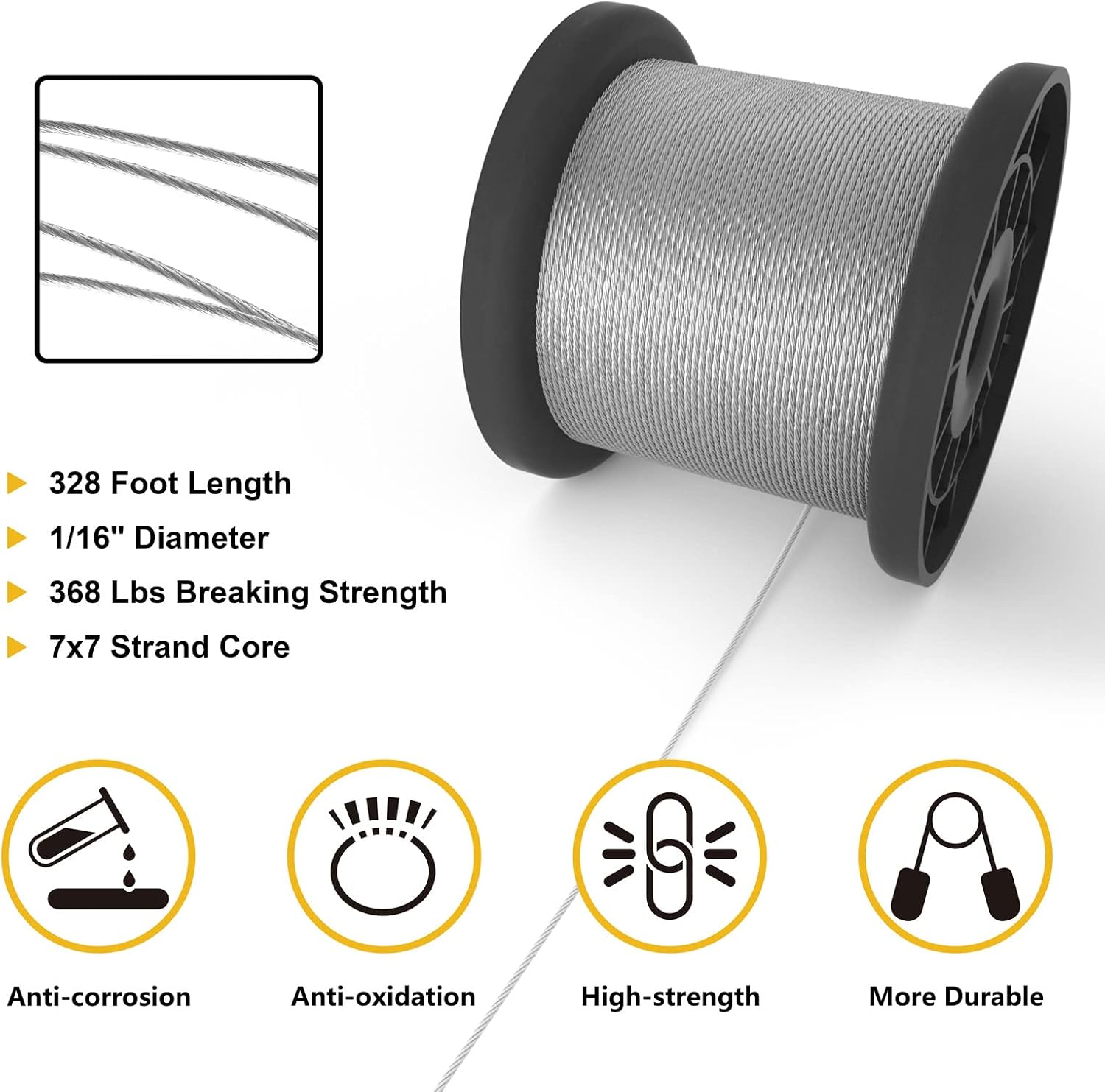 328FT 1/16 Stainless Steel Wire Rope, Wire Rope Crimping Tool, M2 Thimbles and Crimping Sleeves