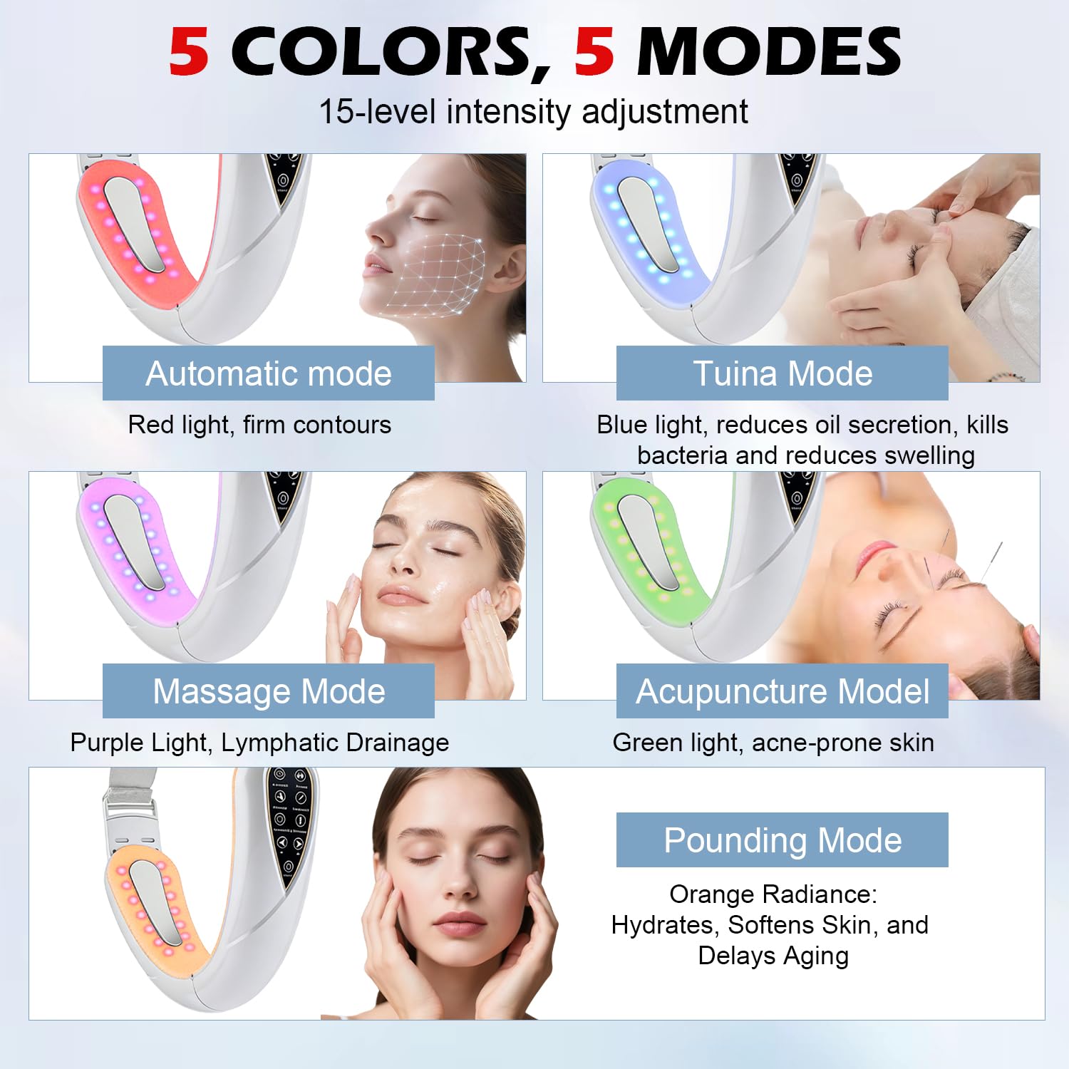 Massaggiatore elettrico V-Face Shaping, lifting & anti-rughe, doppio mento con 15 livelli di intensità, 5 EMS Mod, massaggiatore viso contro le rughe 42°C Terapia termica per contorni più stretti
