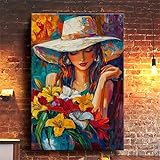 XINBAO Elegante Kunstdrucke auf Leinwand, Frau mit Hut und bunten Blumen, Malstil, für Esszimmer, Büro, Bar-Wanddekoration (80 x 120 cm/rahmenlos)