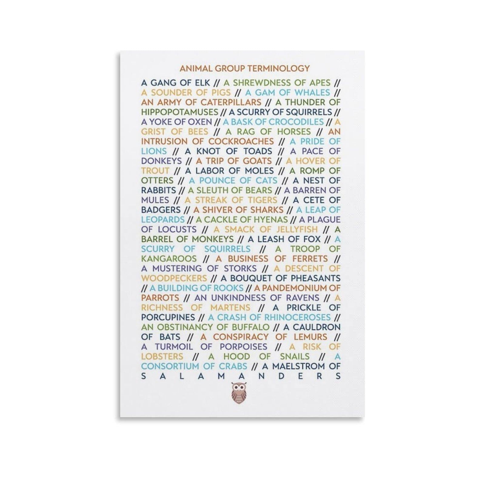 HGETJOHXEM Homeschool Learning Poster Chart of Animal Group Names and Collective Nouns Canvas Wall-Art(Framed,16x24inch(40x60cm))
