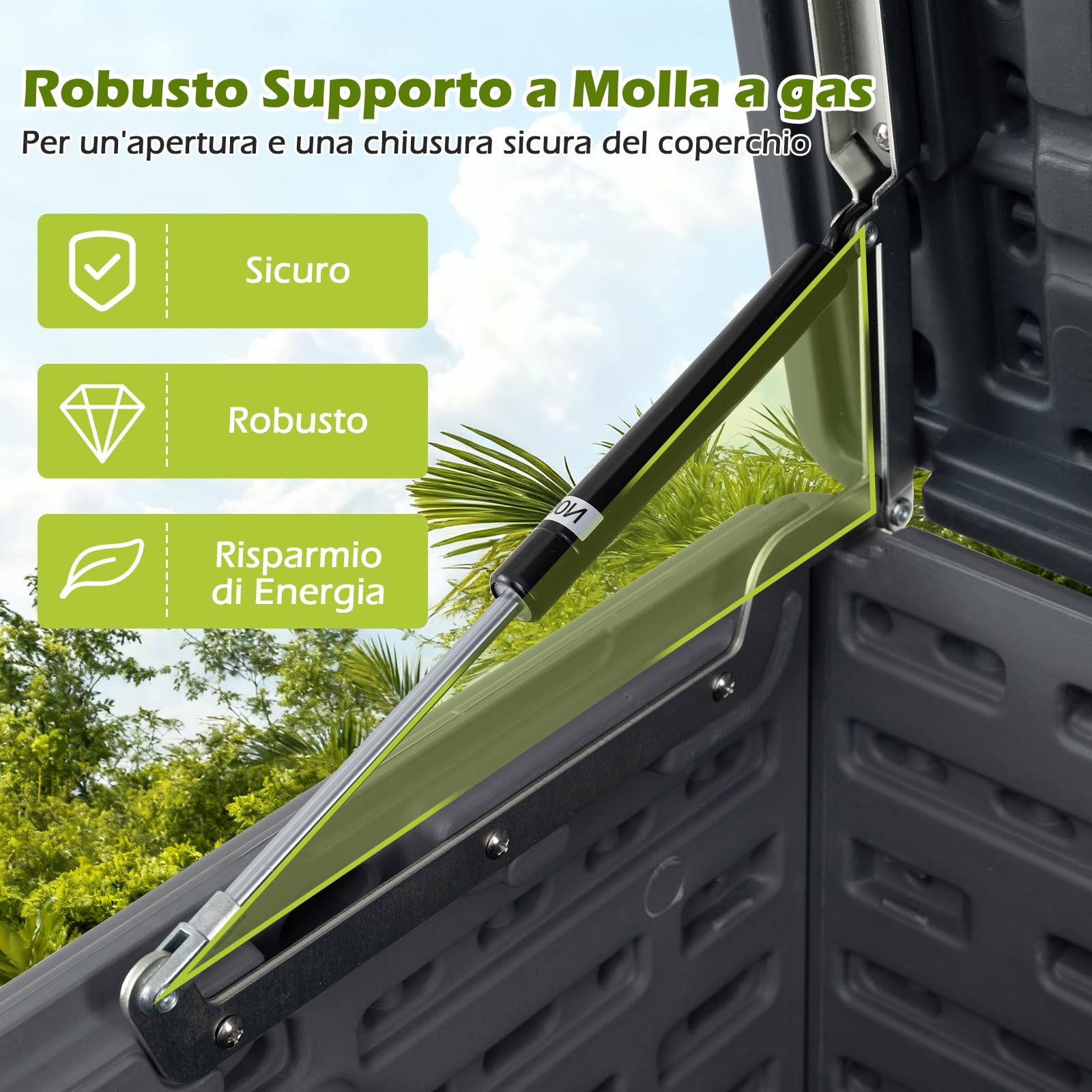 COSTWAY Baule da Esterno 300L Impermeabile in Resina, Cassapanca Contenitore da Esterno con Pistoni a Gas, Predisposizione per Serratura e 2 Maniglie Laterali, Resistente, 114 x 55 x 61 cm (Grigio) - 3